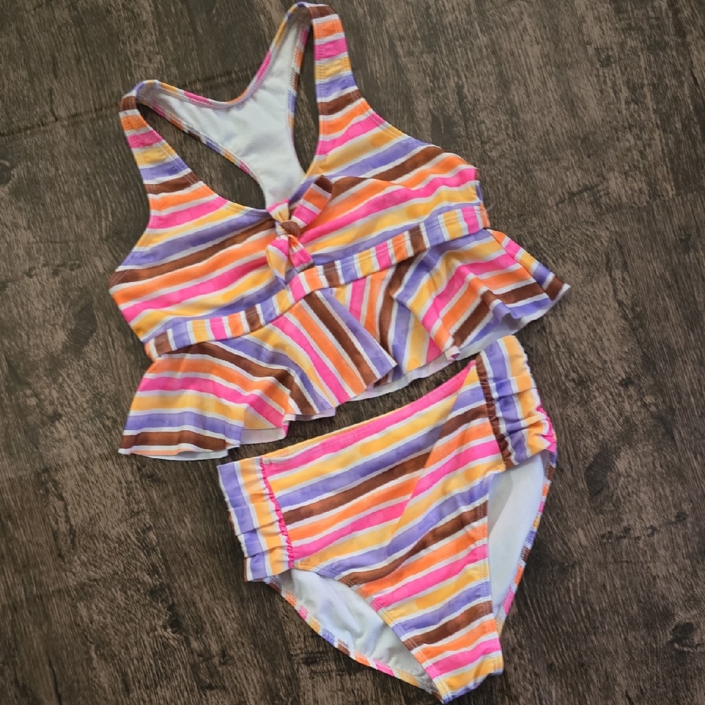 WONDER NATION Sz L 10-12 Striped Multicolor Bikini Set Ruffle‎ Bright Colors